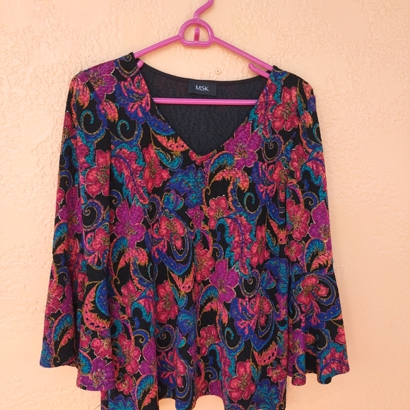 MSK Colorful Multi-Color Paisley Blouse Size L w/ Bell Sleeves - Picture 2 of 10